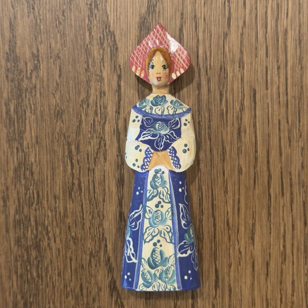 Vtg Russian Hand Carved Wood Ornament Girl Kokoshnik Hand Painted Gzhel 4.5”
